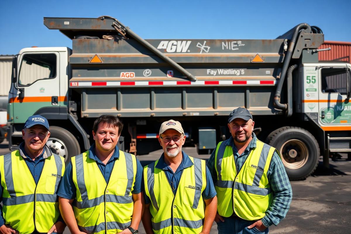 Walterivo Co. dumpster rental crew and roll-off truck